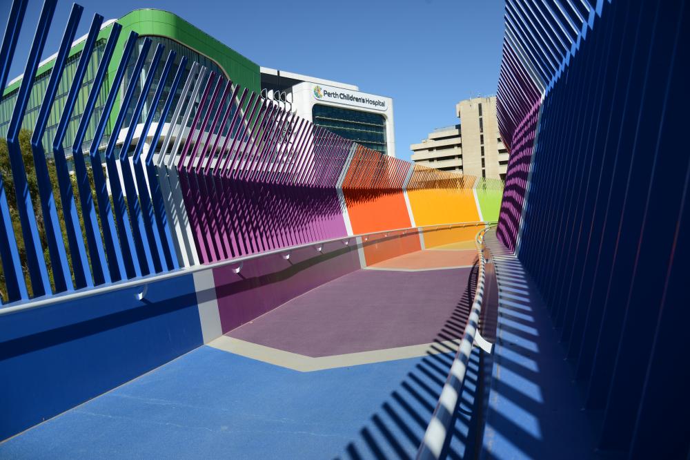 Koolangka Bridge (The Kids' Bridge) Rainbow-coloured walkway of Koolangka Bridge (The Kids' Bridge) going from Perth Children's Hospital to Kings Park.