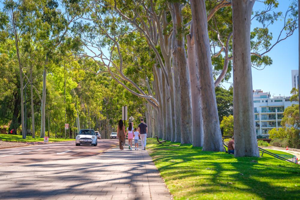 A family walking down Fraser Avenue.