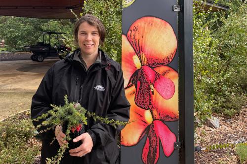 Jo Blackburn Jo Blackburn standing by the Conservation Garden sign.